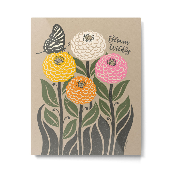 Bloom Wildly - Colorful Zinnia Flowers and Butterfly Metal Print Gallery Image 1