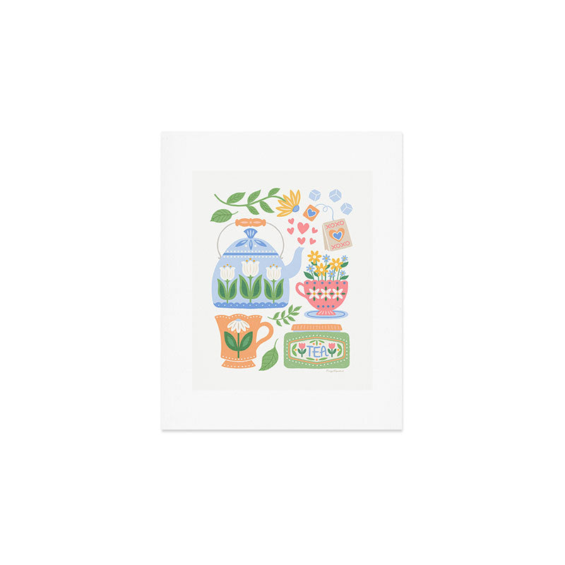 Cup of Tea Floral - Multi-color on White Art Print Gallery Image 1