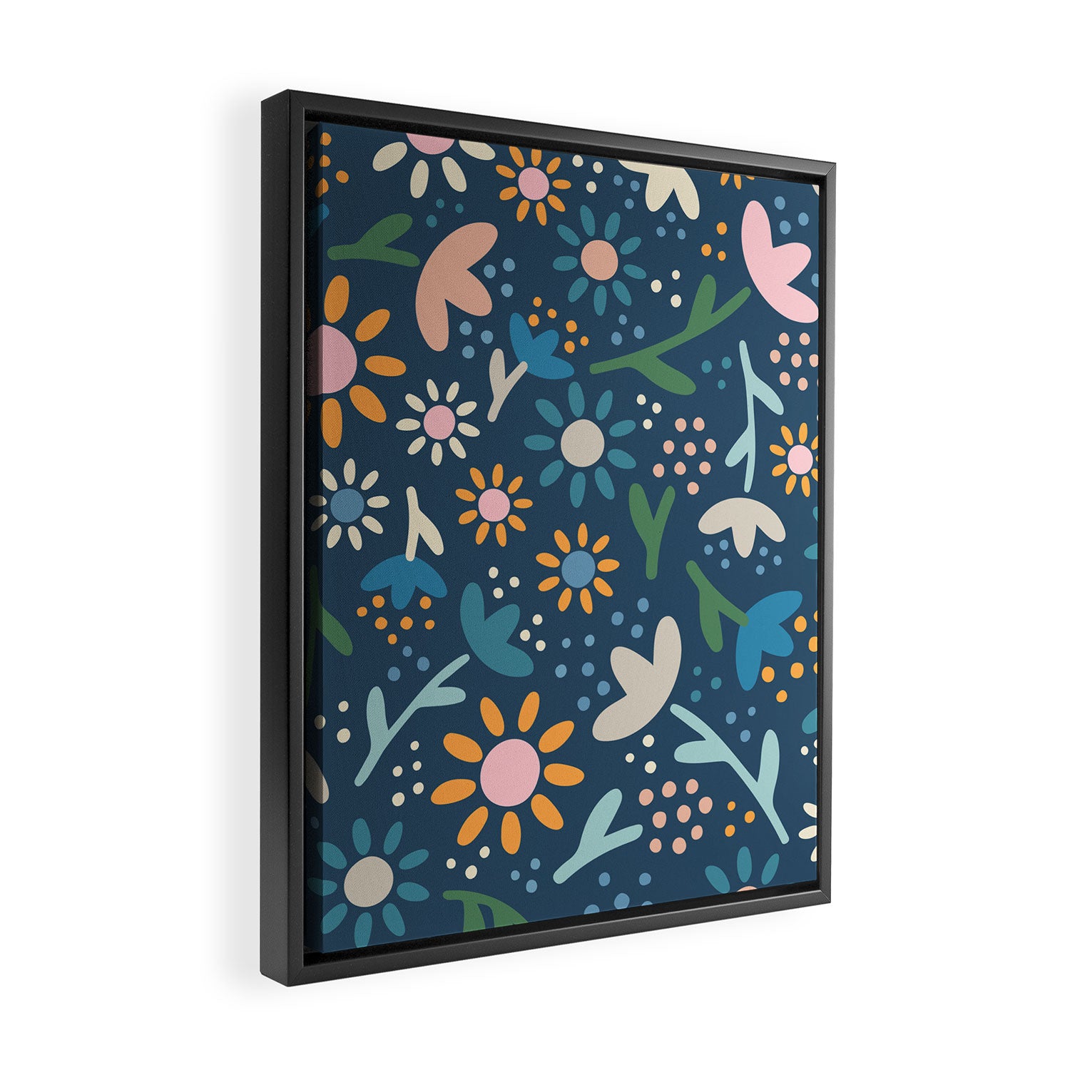 Ditsy Daisy Floral on Blue Framed Canvas Print Gallery Image 2