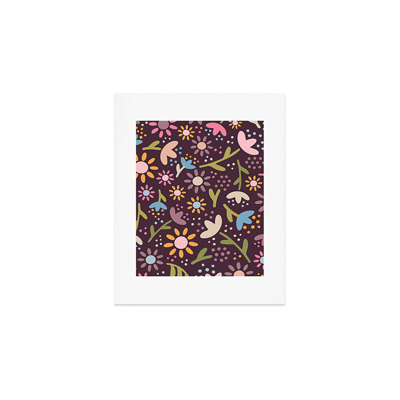 Ditsy Daisy Floral on Burgundy Art Print Gallery Image 1