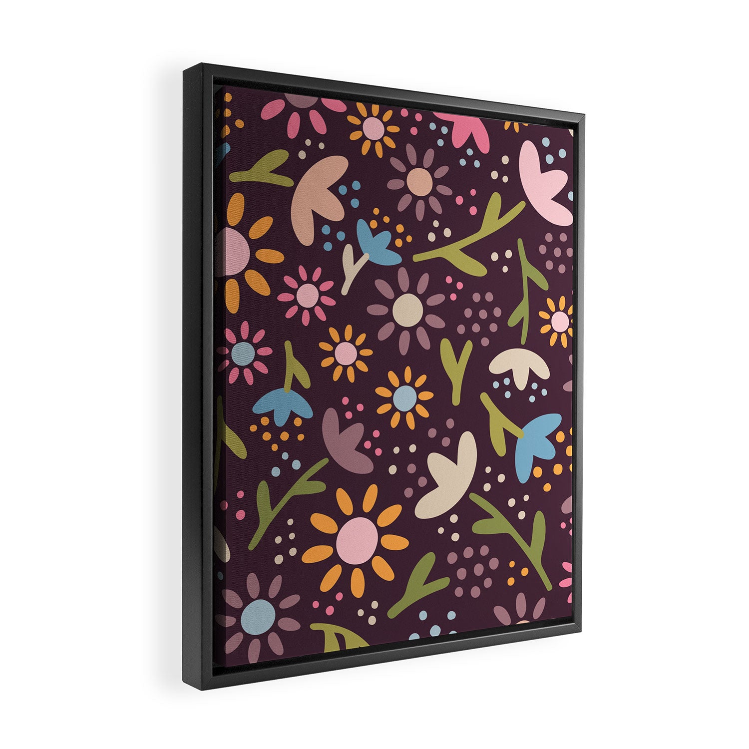 Ditsy Daisy Floral on Burgundy Framed Canvas Print Gallery Image 2