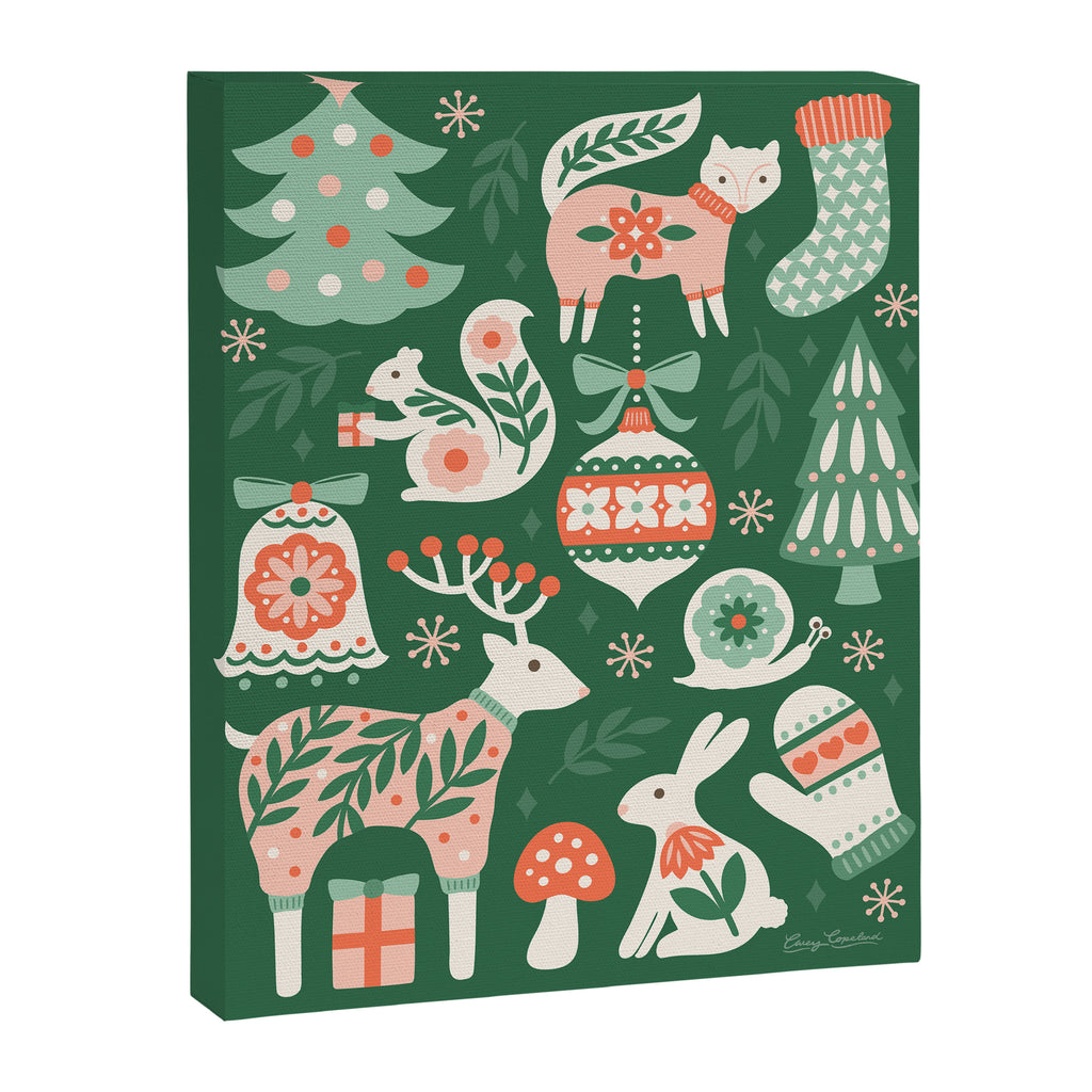 Festive Folk Art Forest Animals - Green and Red Canvas Print Gallery Image 8