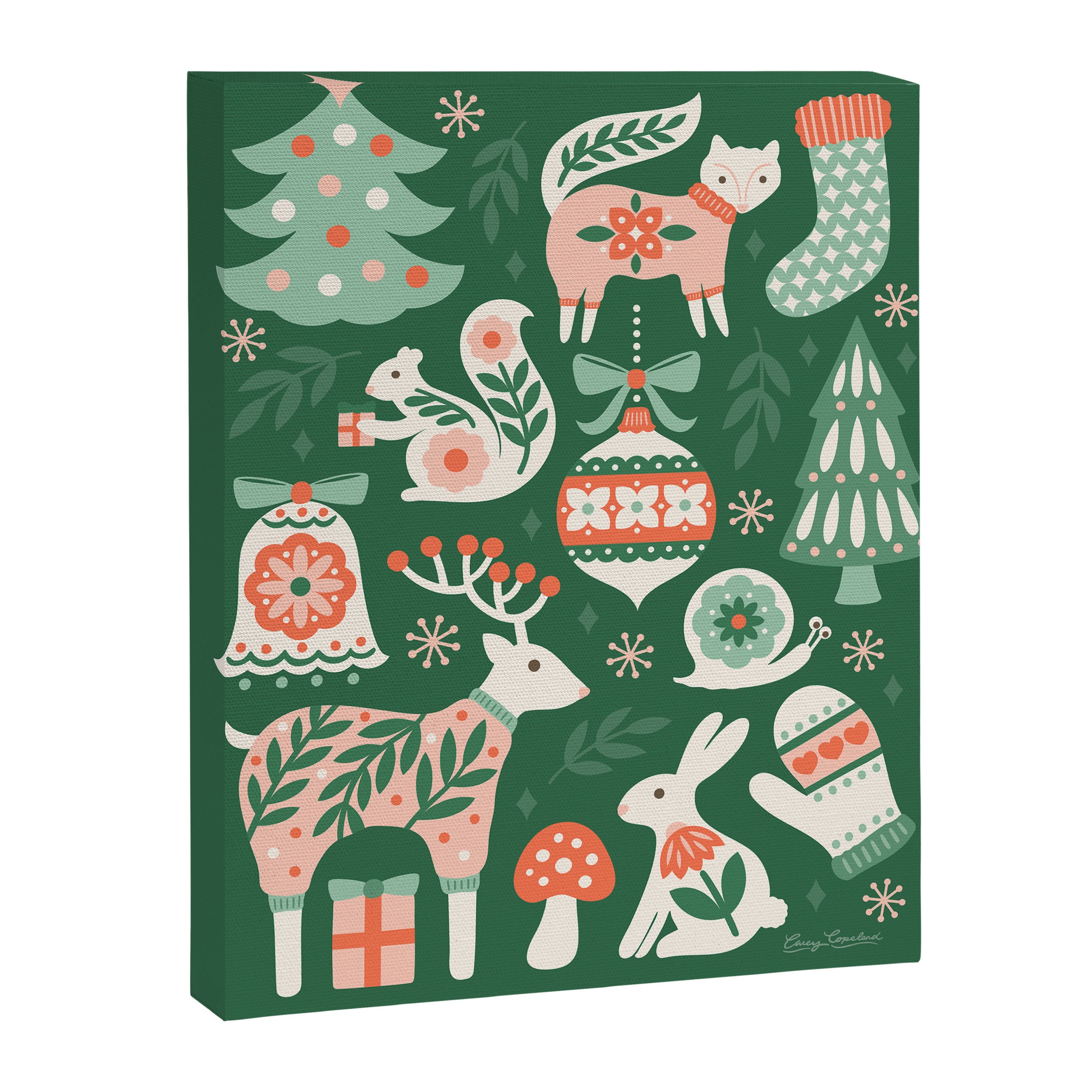 Festive Folk Art Forest Animals - Green and Red Canvas Print Gallery Image 8