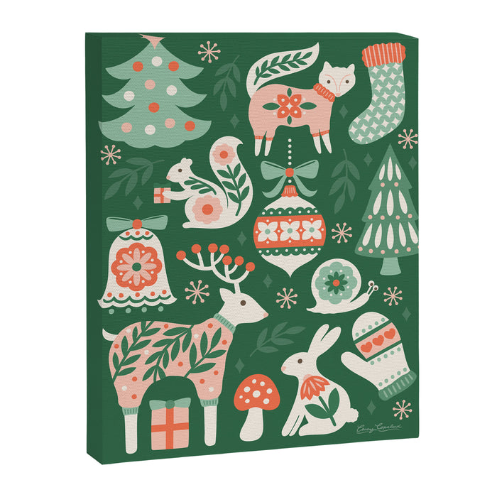 Festive Folk Art Forest Animals - Green and Red Canvas Print Gallery Image 1