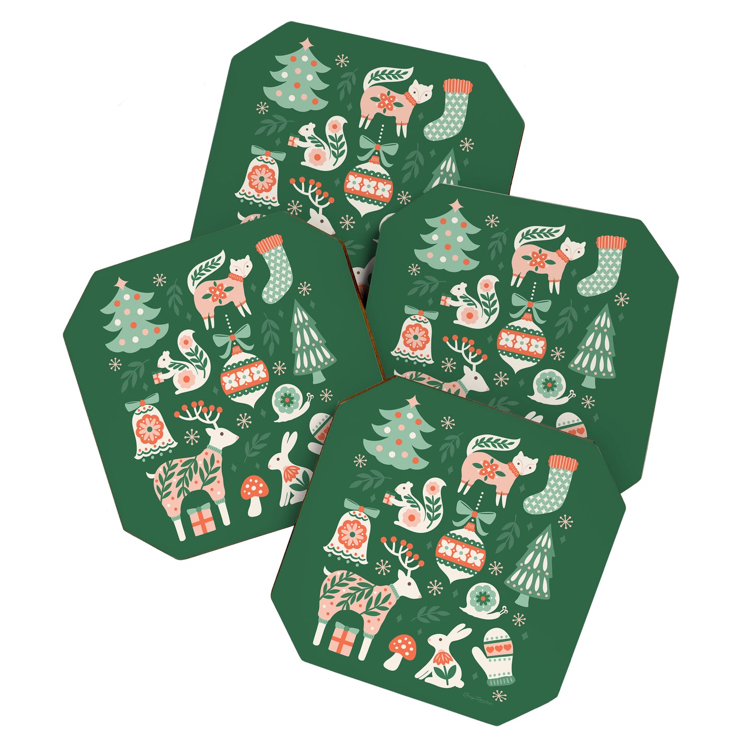 Festive Folk Art Forest Animals - Green and Red Coaster Gallery Image 1
