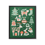 Festive Folk Art Forest Animals - Green and Red Framed Canvas Print Gallery Image 8