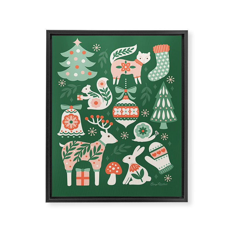Festive Folk Art Forest Animals - Green and Red Framed Canvas Print Gallery Image 8