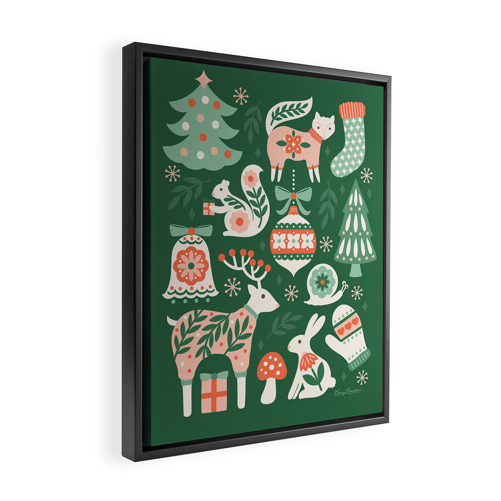 Festive Folk Art Forest Animals - Green and Red Framed Canvas Print Gallery Image 2