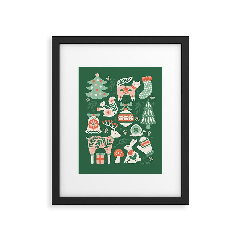 Festive Folk Art Forest Animals - Green and Red Framed Art Print Gallery Image 6