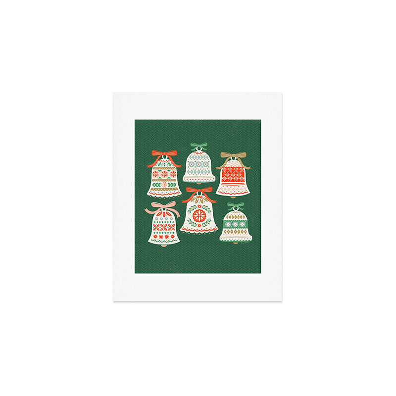 Folk Art Holiday Bells - Forest Green Art Print Gallery Image 1