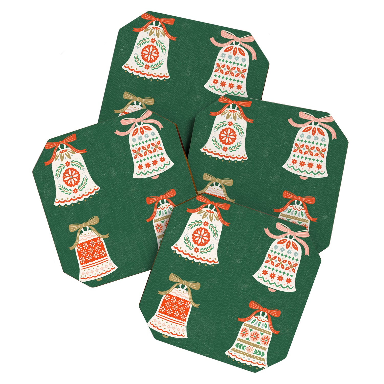 Folk Art Holiday Bells - Forest Green Coaster Gallery Image 1