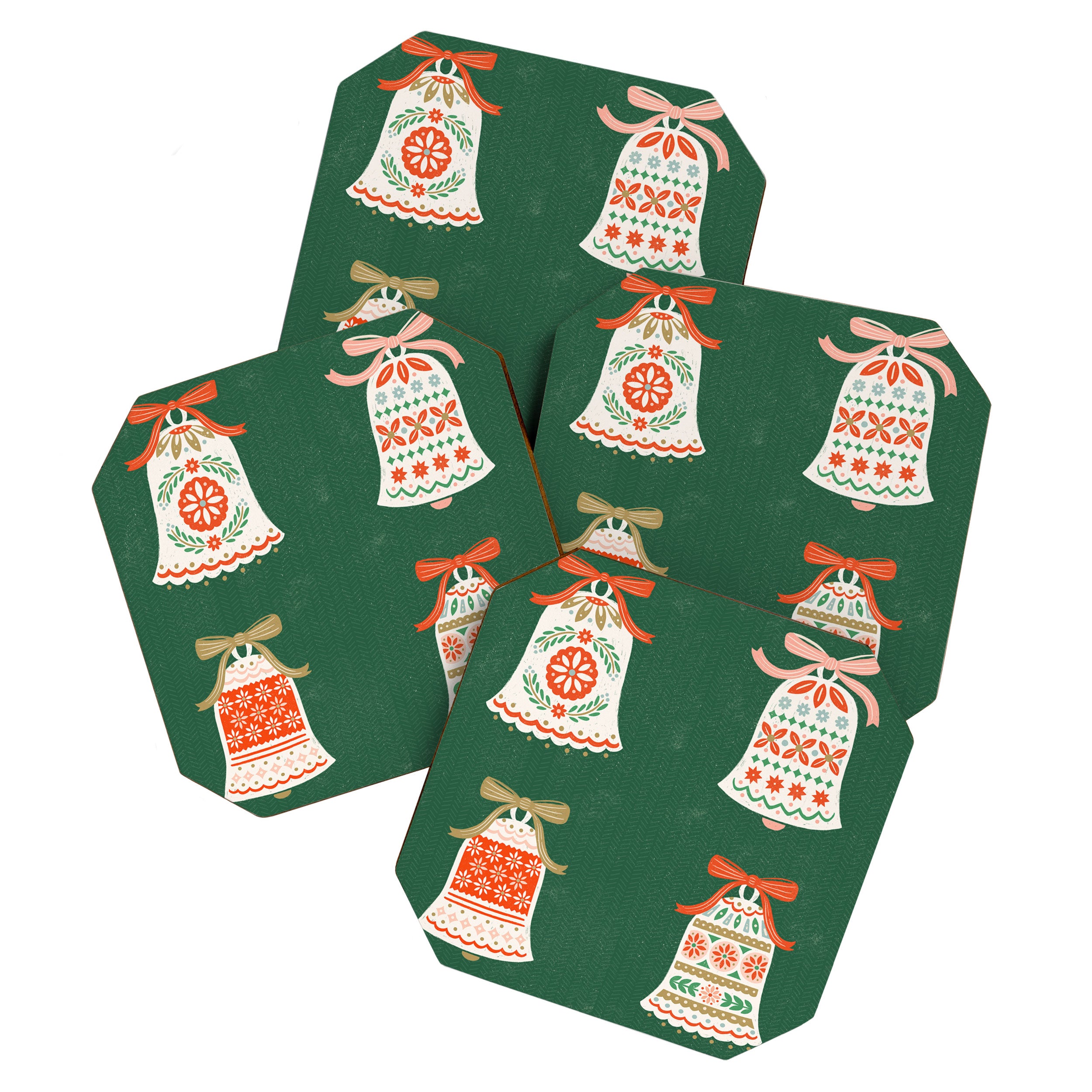 Folk Art Holiday Bells - Forest Green Coaster Gallery Image 1