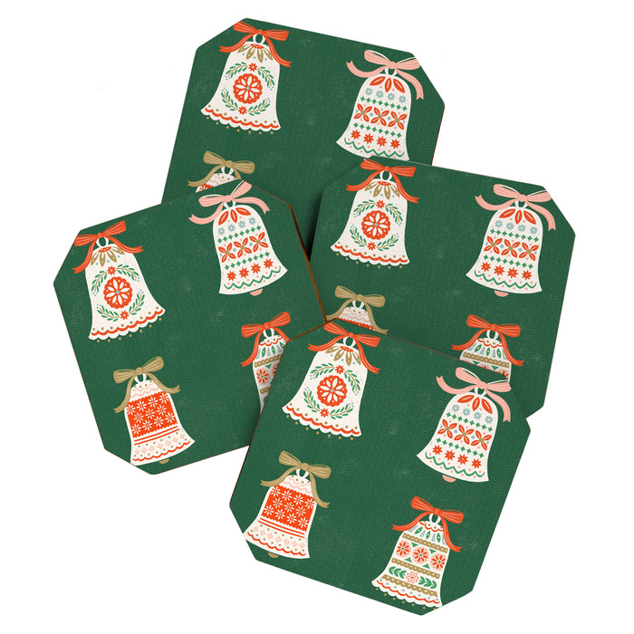 Folk Art Holiday Bells - Forest Green Coaster Gallery Image 1