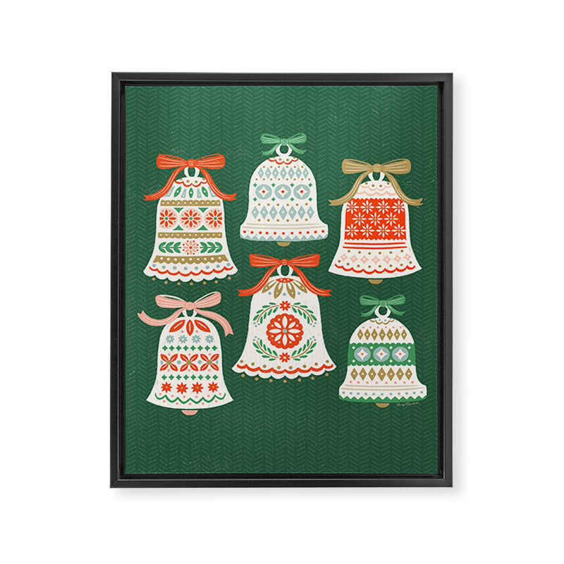 Folk Art Holiday Bells - Forest Green Framed Canvas Print Gallery Image 8