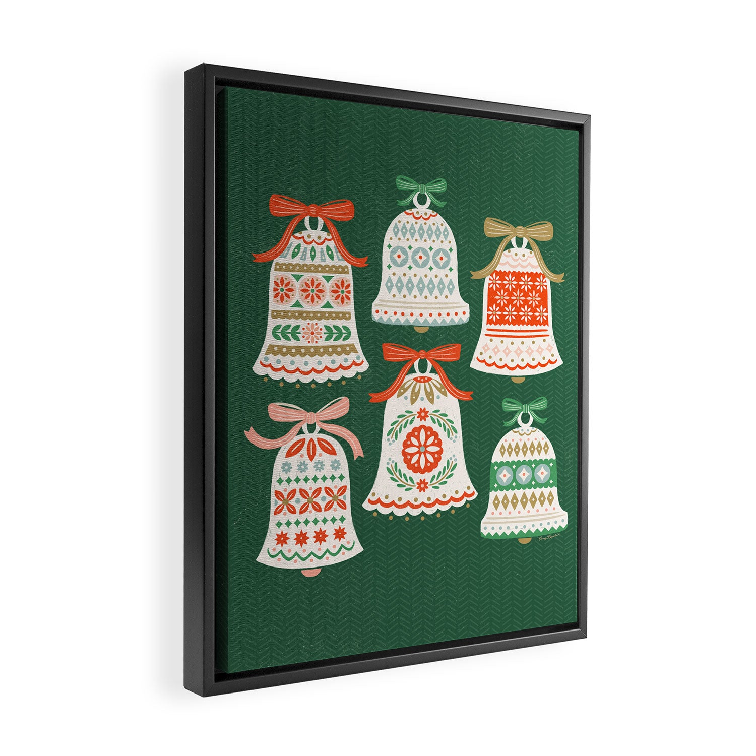 Folk Art Holiday Bells - Forest Green Framed Canvas Print Gallery Image 2