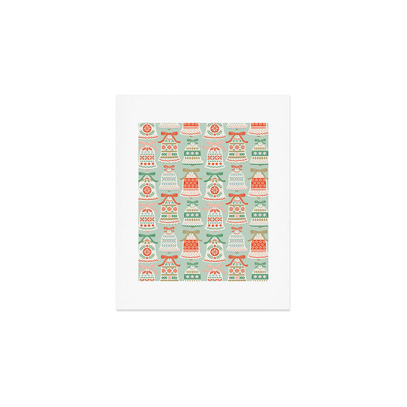 Folk Art Holiday Bells - Light Green Art Print Gallery Image 1