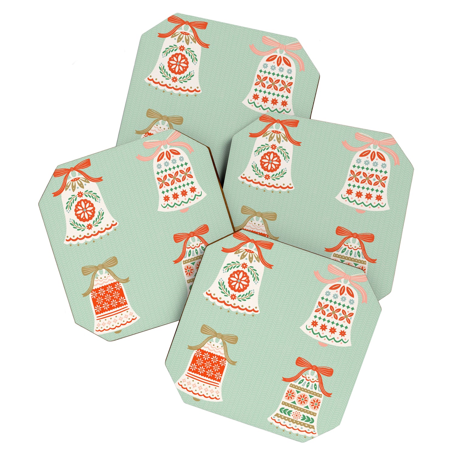 Folk Art Holiday Bells - Light Green Coaster Gallery Image 1
