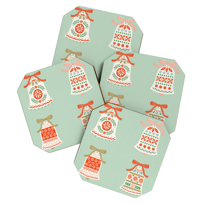 Folk Art Holiday Bells - Light Green Coaster Gallery Image 1