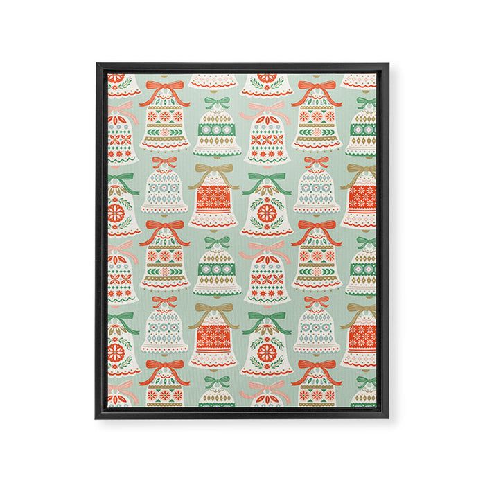 Folk Art Holiday Bells - Light Green Framed Canvas Print Gallery Image 1