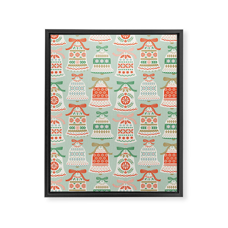 Folk Art Holiday Bells - Light Green Framed Canvas Print Gallery Image 8