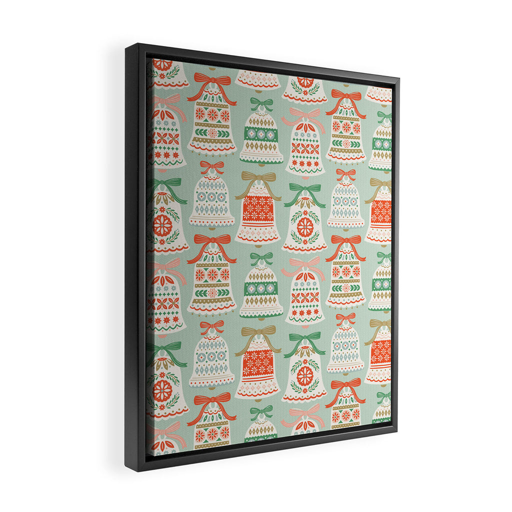 Folk Art Holiday Bells - Light Green Framed Canvas Print Gallery Image 2