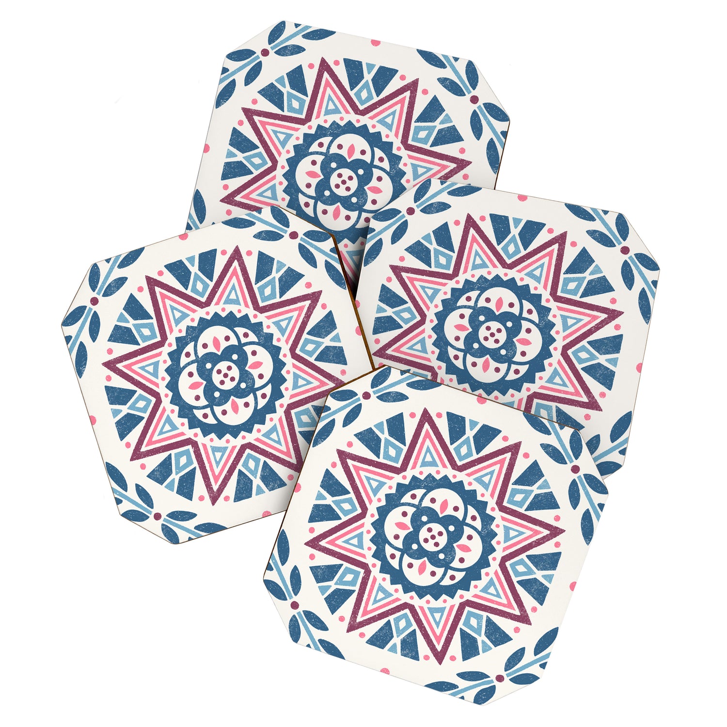 Folk Art Shapes Block Print - Blue and Burgundy Coaster Gallery Image 1