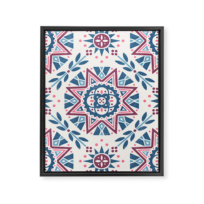 Folk Art Shapes Block Print - Blue and Burgundy Framed Canvas Print Gallery Image 1