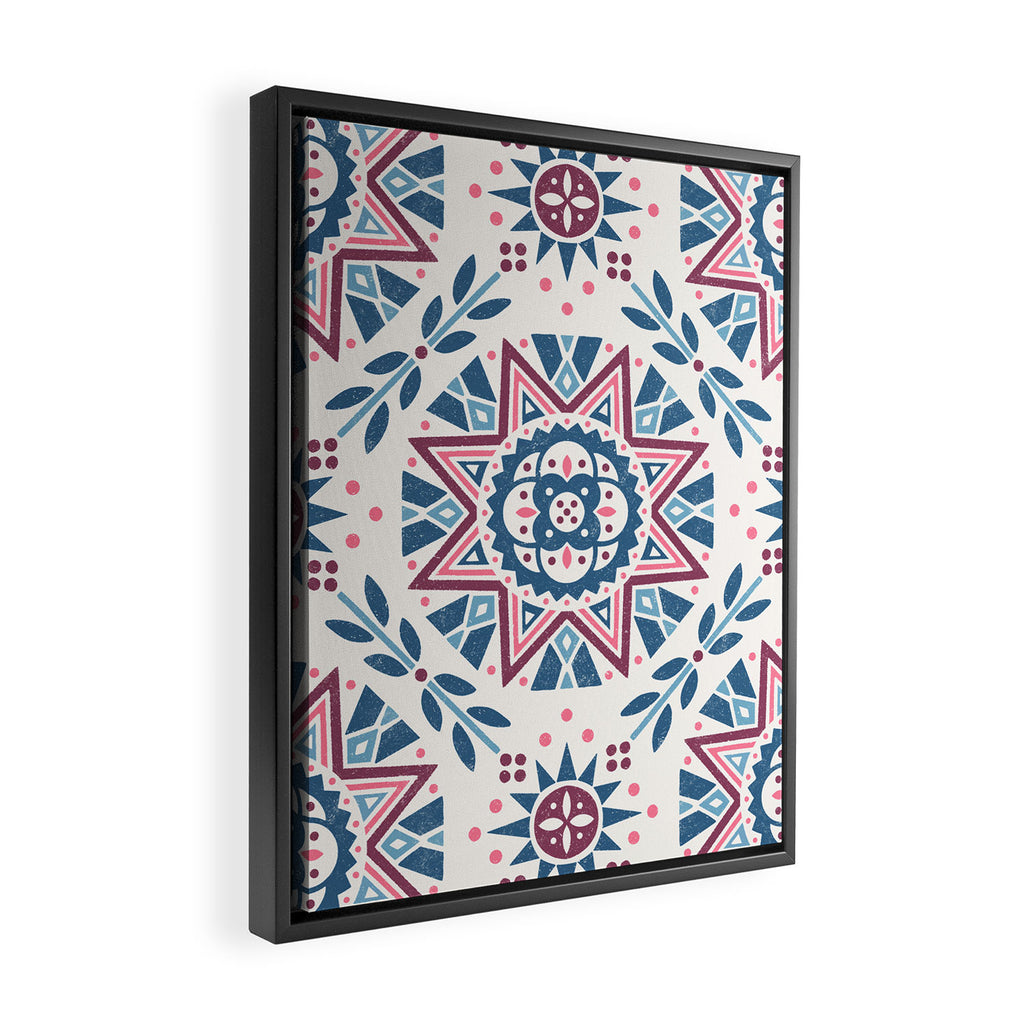 Folk Art Shapes Block Print - Blue and Burgundy Framed Canvas Print Gallery Image 2
