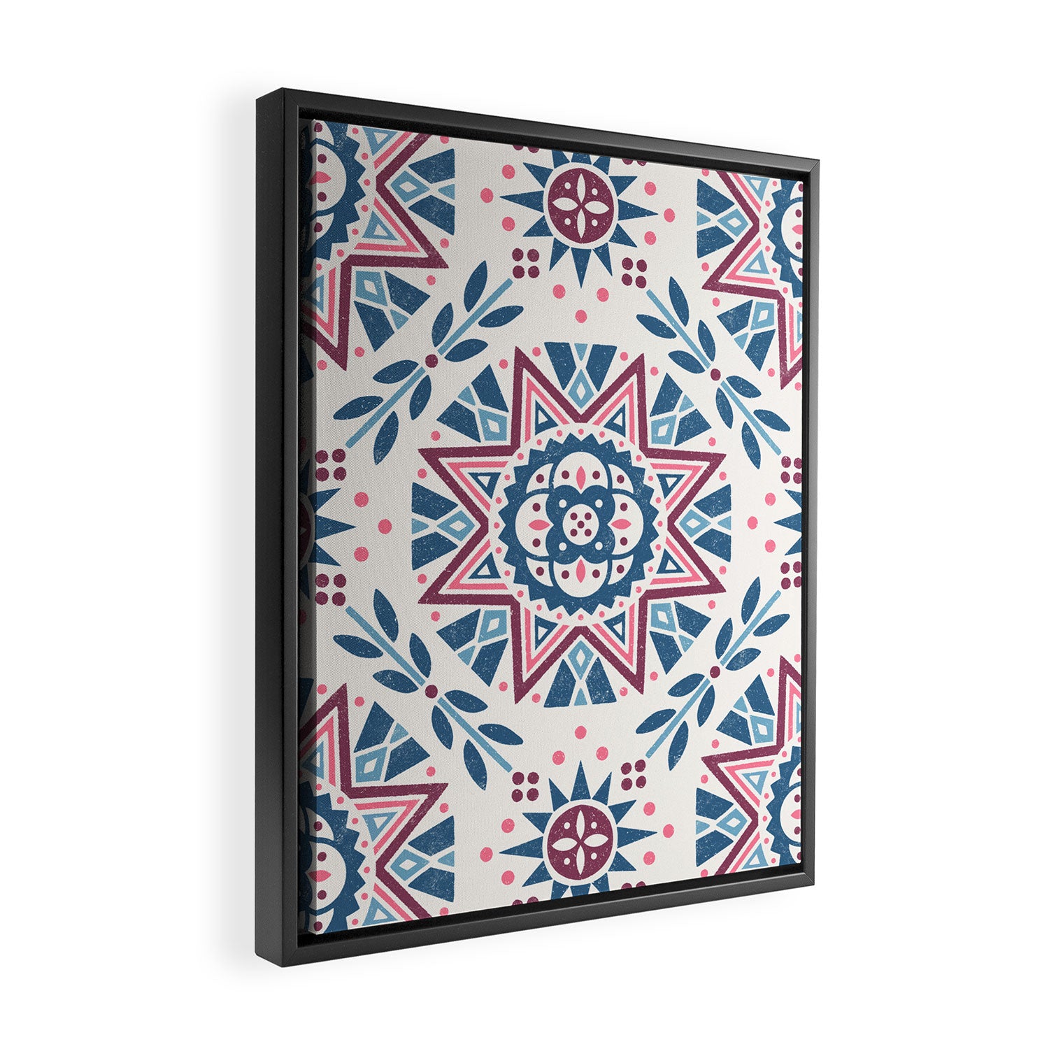 Folk Art Shapes Block Print - Blue and Burgundy Framed Canvas Print Gallery Image 2