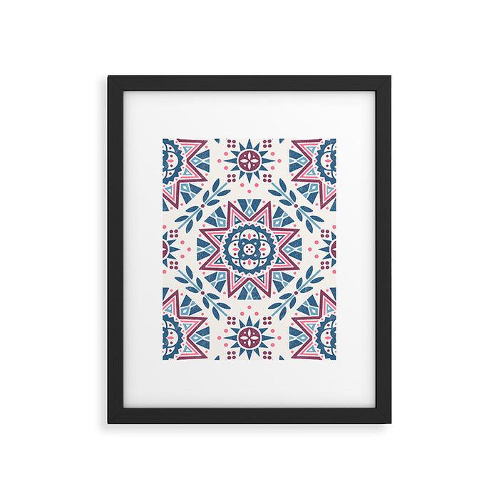Folk Art Shapes Block Print - Blue and Burgundy Framed Art Print Gallery Image 1