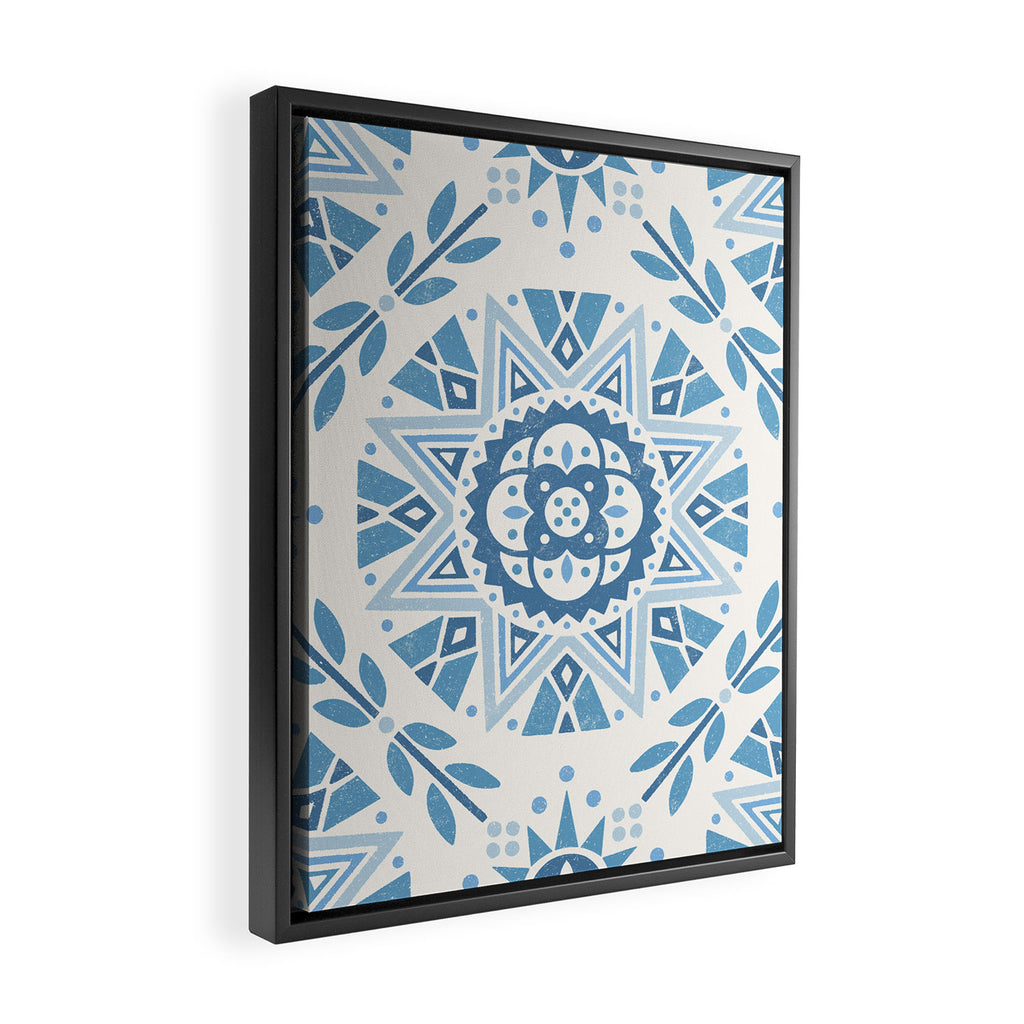 Folk Art Shapes Block Print - Blue Framed Canvas Print Gallery Image 2
