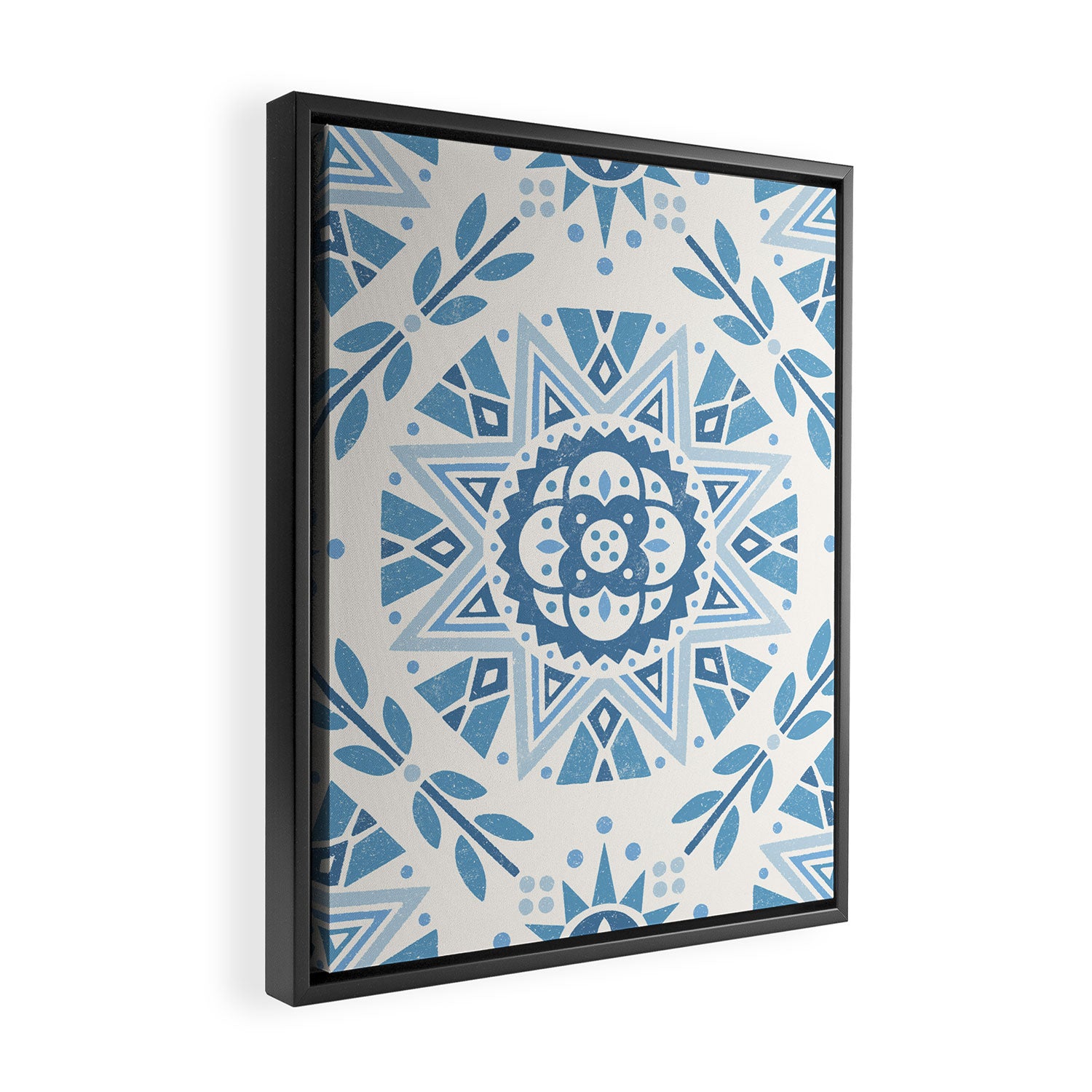 Folk Art Shapes Block Print - Blue Framed Canvas Print Gallery Image 2