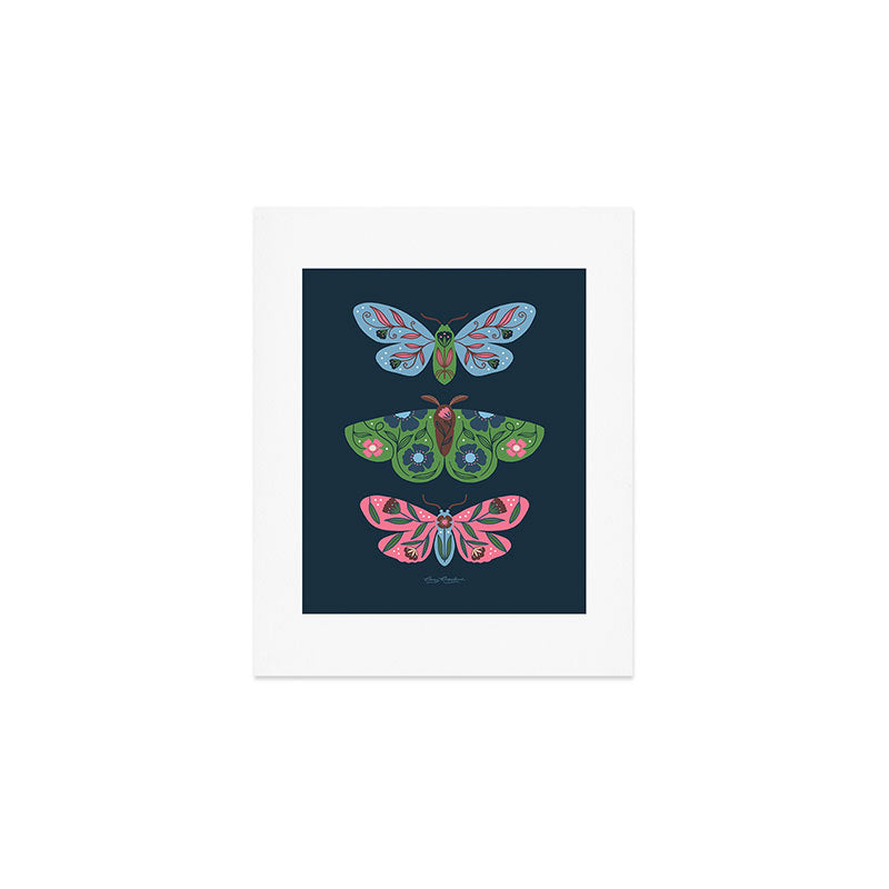 Folk Floral Moths and Butterflies Blue Art Print Gallery Image 1
