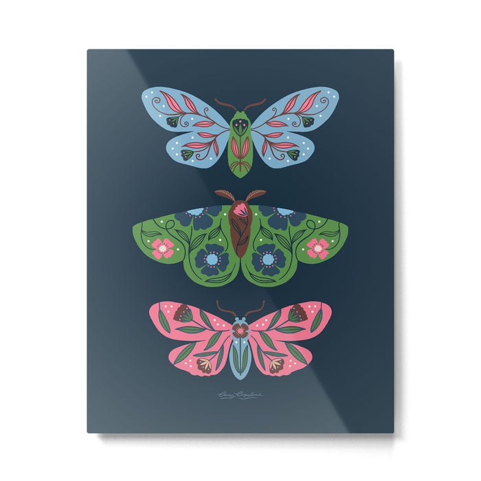 Folk Floral Moths and Butterflies Blue Metal Print Gallery Image 1