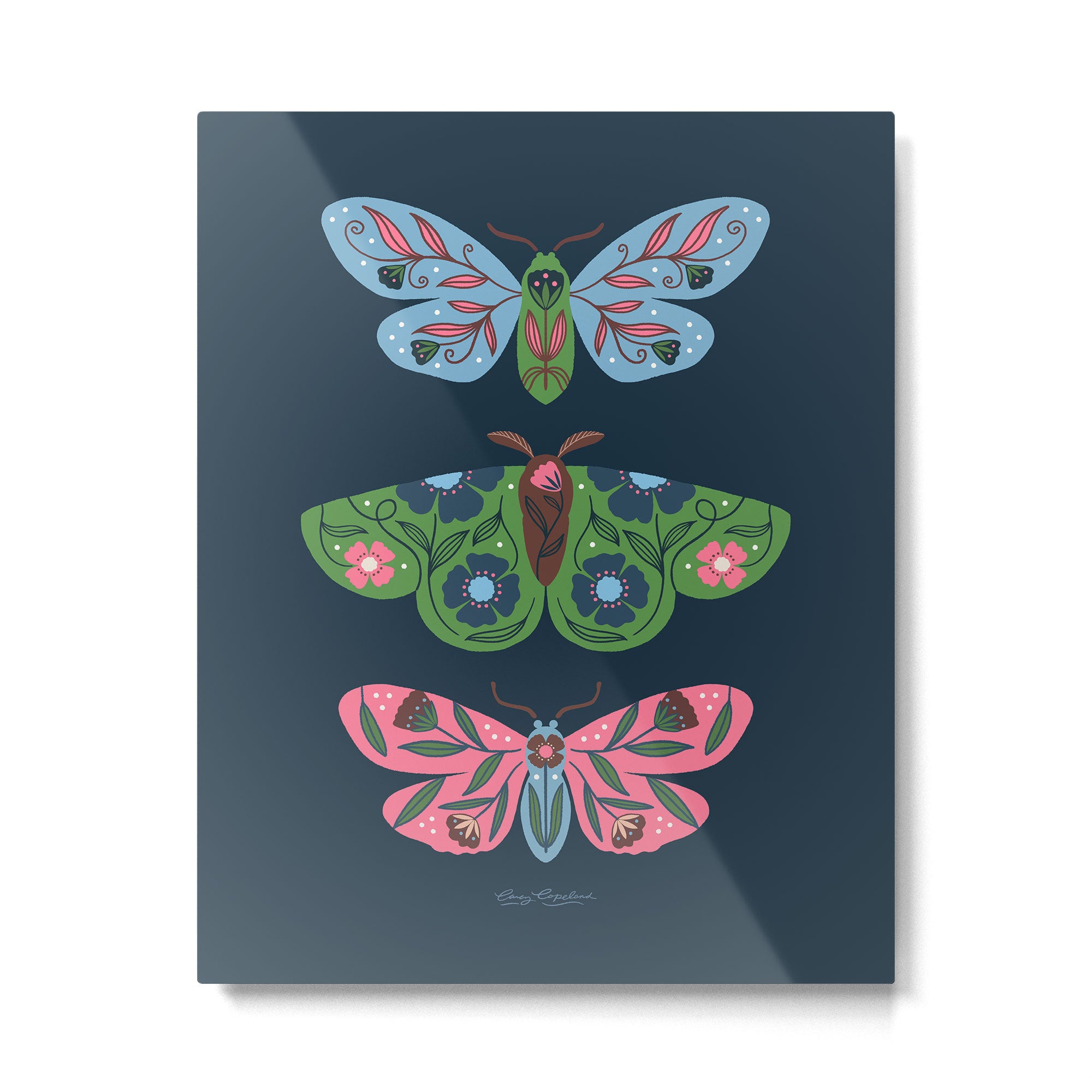 Folk Floral Moths and Butterflies Blue Metal Print Gallery Image 4