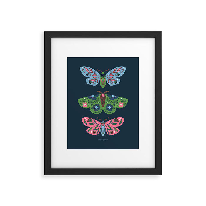 Folk Floral Moths and Butterflies Blue Framed Art Print Gallery Image 1