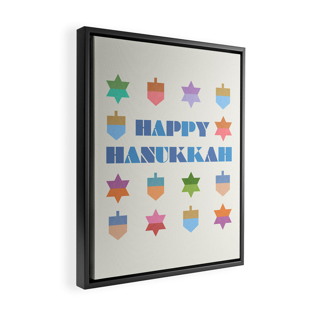 Happy Hanukkah | Dreidels & Star Pattern Framed Canvas Print Gallery Image 2