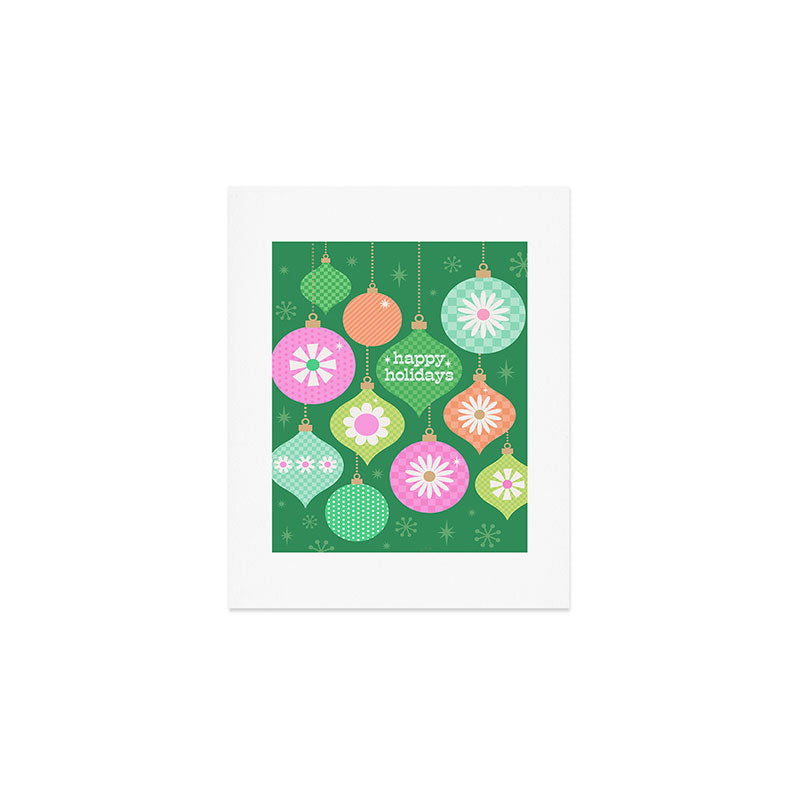 Happy Holidays Retro Ornaments - Multi-Pink on Green Art Print Gallery Image 1