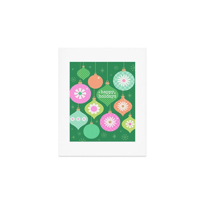 Happy Holidays Retro Ornaments - Multi-Pink on Green Art Print Gallery Image 1