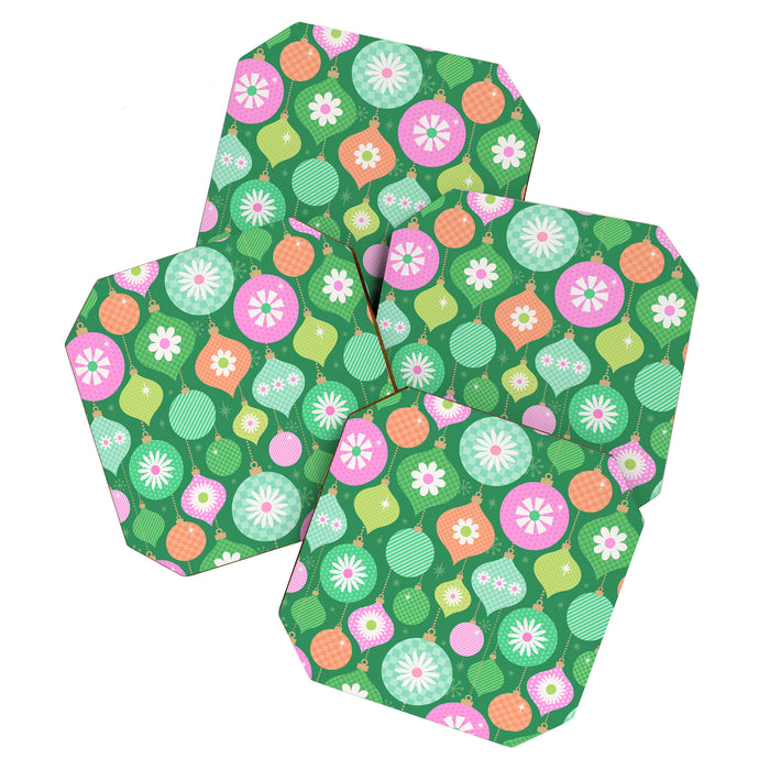 Happy Holidays Retro Ornaments - Multi-Pink on Green Coaster Gallery Image 1
