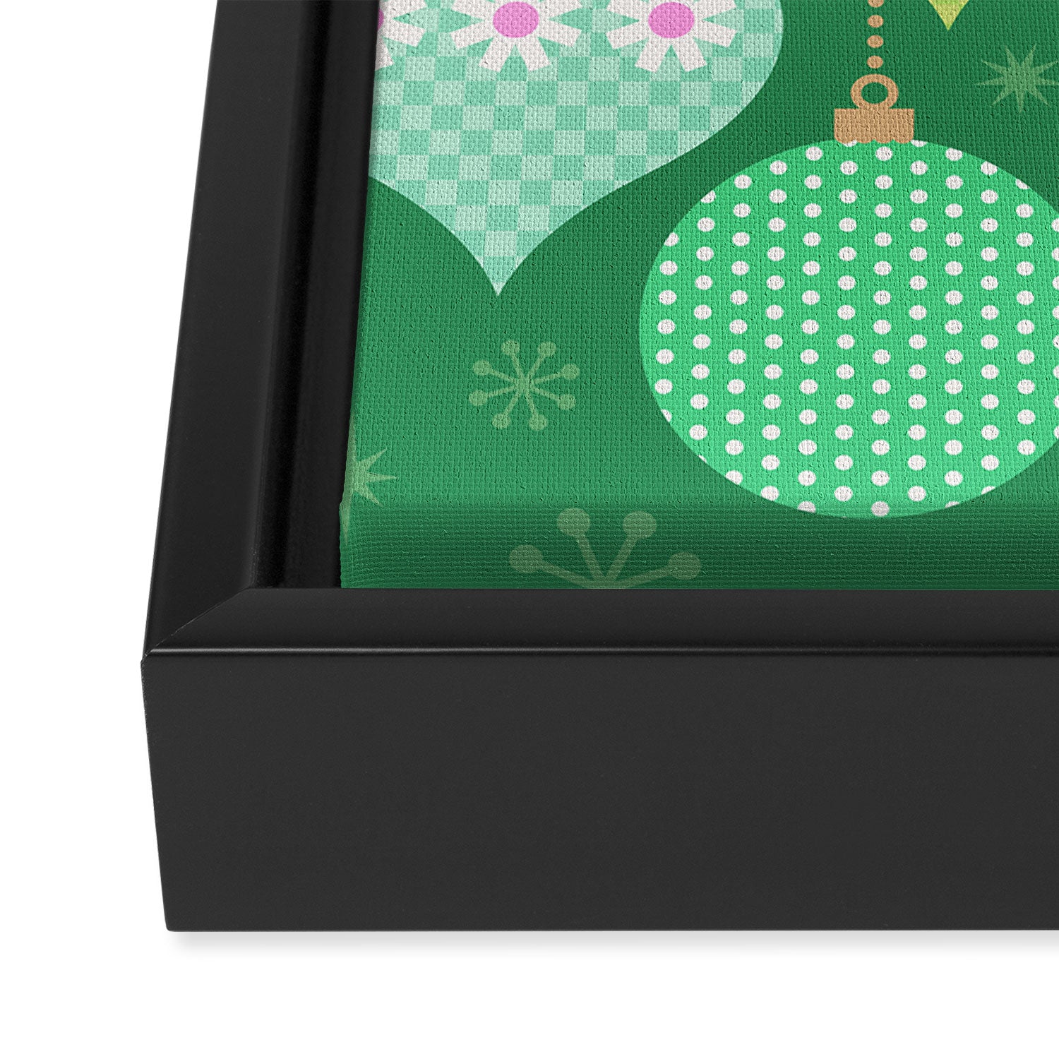 Happy Holidays Retro Ornaments - Multi-Pink on Green Framed Canvas Print Gallery Image 3