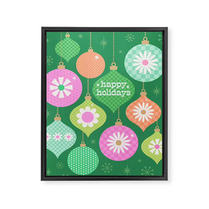 Happy Holidays Retro Ornaments - Multi-Pink on Green Framed Canvas Print Gallery Image 6