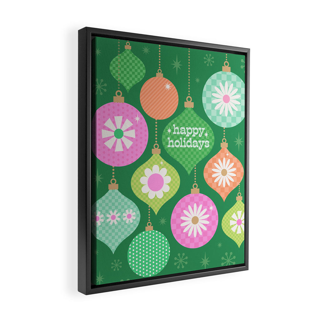 Happy Holidays Retro Ornaments - Multi-Pink on Green Framed Canvas Print Gallery Image 2
