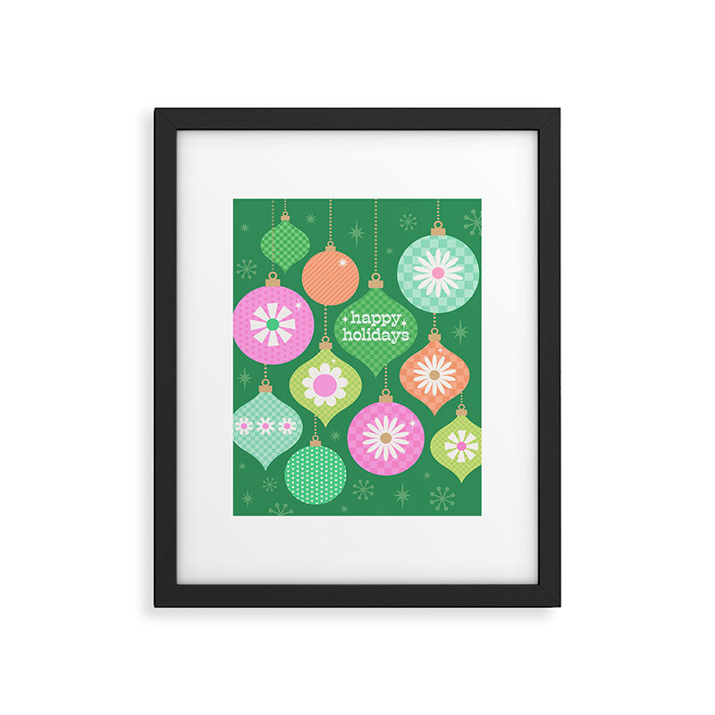 Happy Holidays Retro Ornaments - Multi-Pink on Green Framed Art Print Gallery Image 5