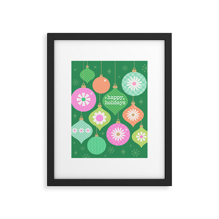 Happy Holidays Retro Ornaments - Multi-Pink on Green Framed Art Print Gallery Image 1