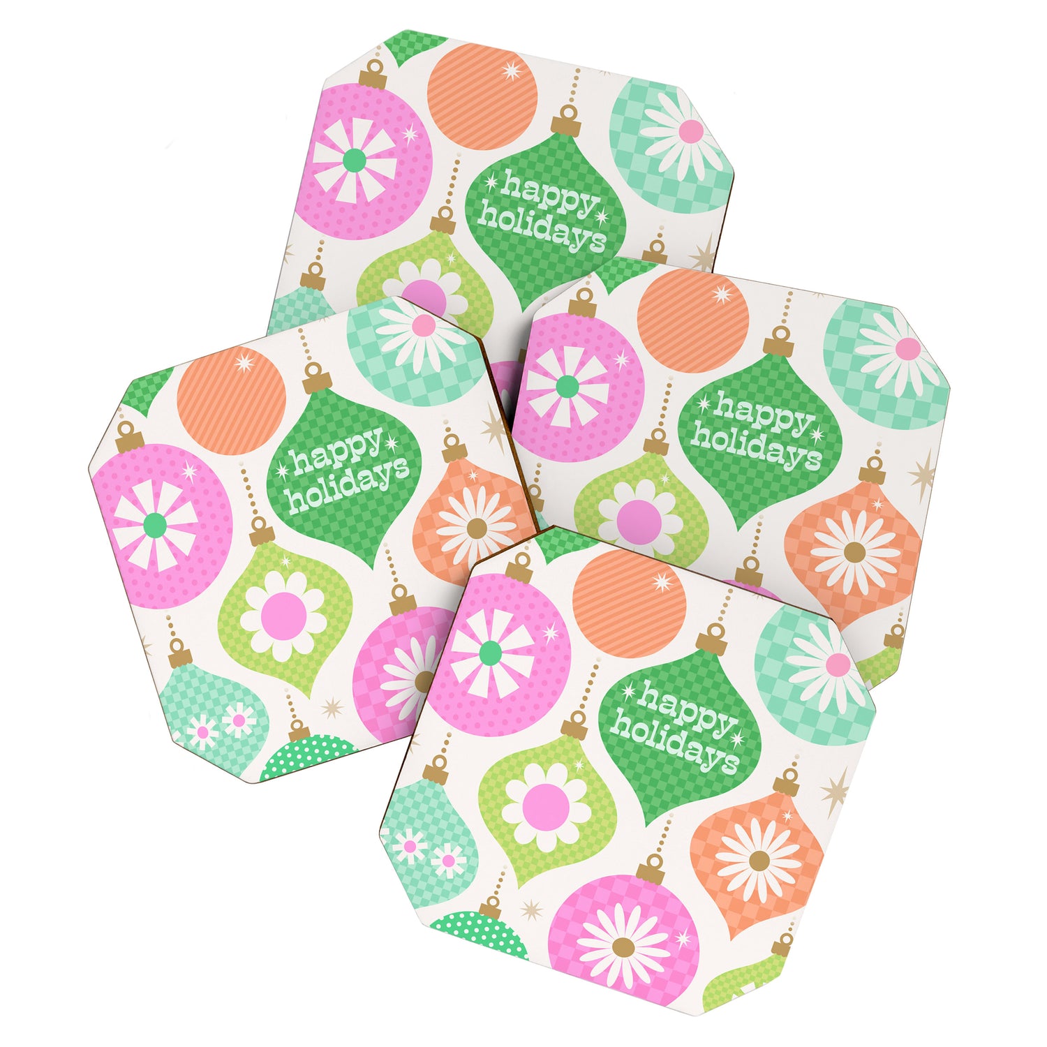 Happy Holidays Retro Ornaments - Pink & Green Coaster Gallery Image 1