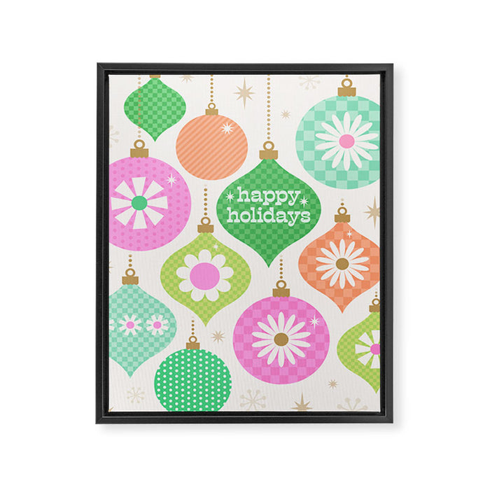 Happy Holidays Retro Ornaments - Pink & Green Framed Canvas Print Gallery Image 1