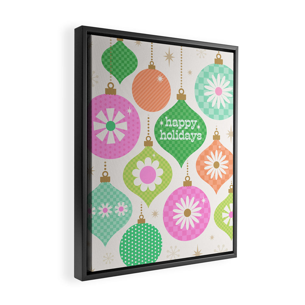 Happy Holidays Retro Ornaments - Pink & Green Framed Canvas Print Gallery Image 2