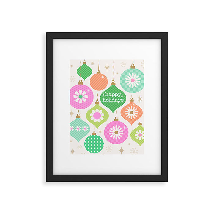 Happy Holidays Retro Ornaments - Pink & Green Framed Art Print Gallery Image 1