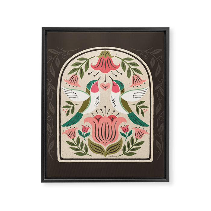 Hummingbirds - Green and Pink Framed Canvas Print Gallery Image 1